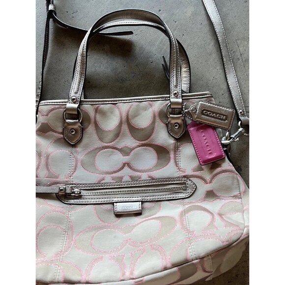 Coach Daisy Signature Metallic Outline Tote Shoulder Bag Hobo Purse Sateen PINK - Picture 3 of 16